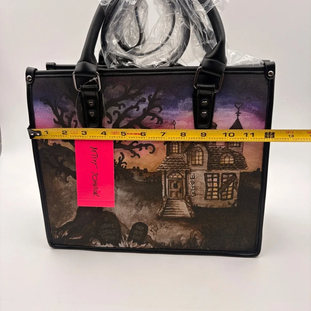 Betsey Johnson Haunted House Tote Bag Bat Charm Halloween Satchel Crossbody NEW